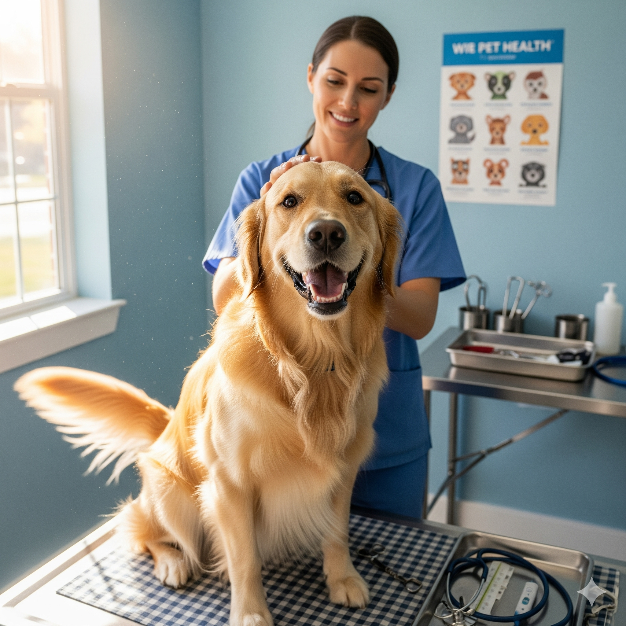 Happy Golden Retriever with a smiling vet at British Animal Hospital in New Cairo
